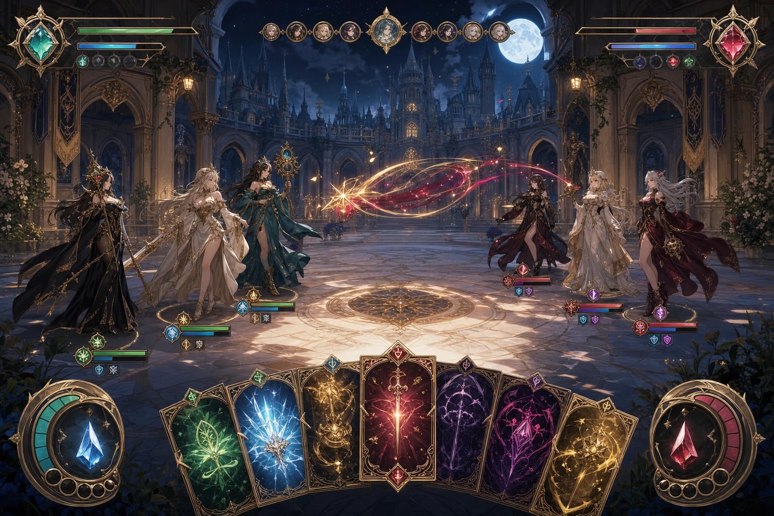 Tactical fantasy card battle in a palace courtyard