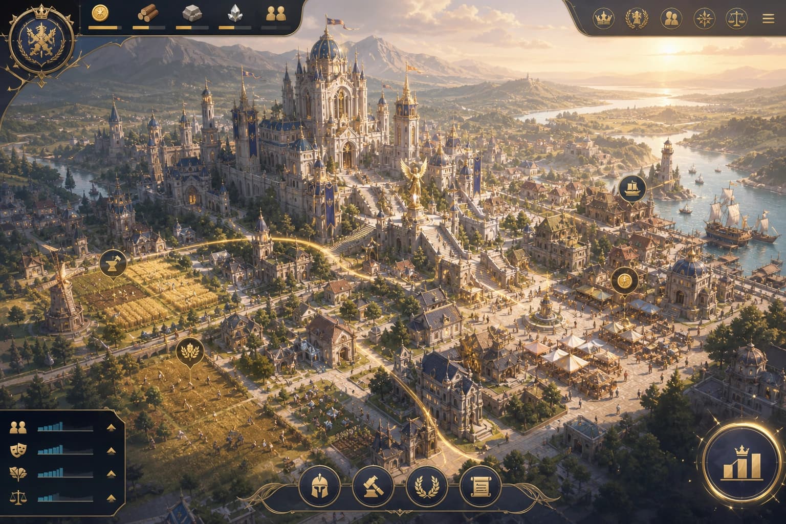 A living kingdom with a palace, farms, harbor and management interface