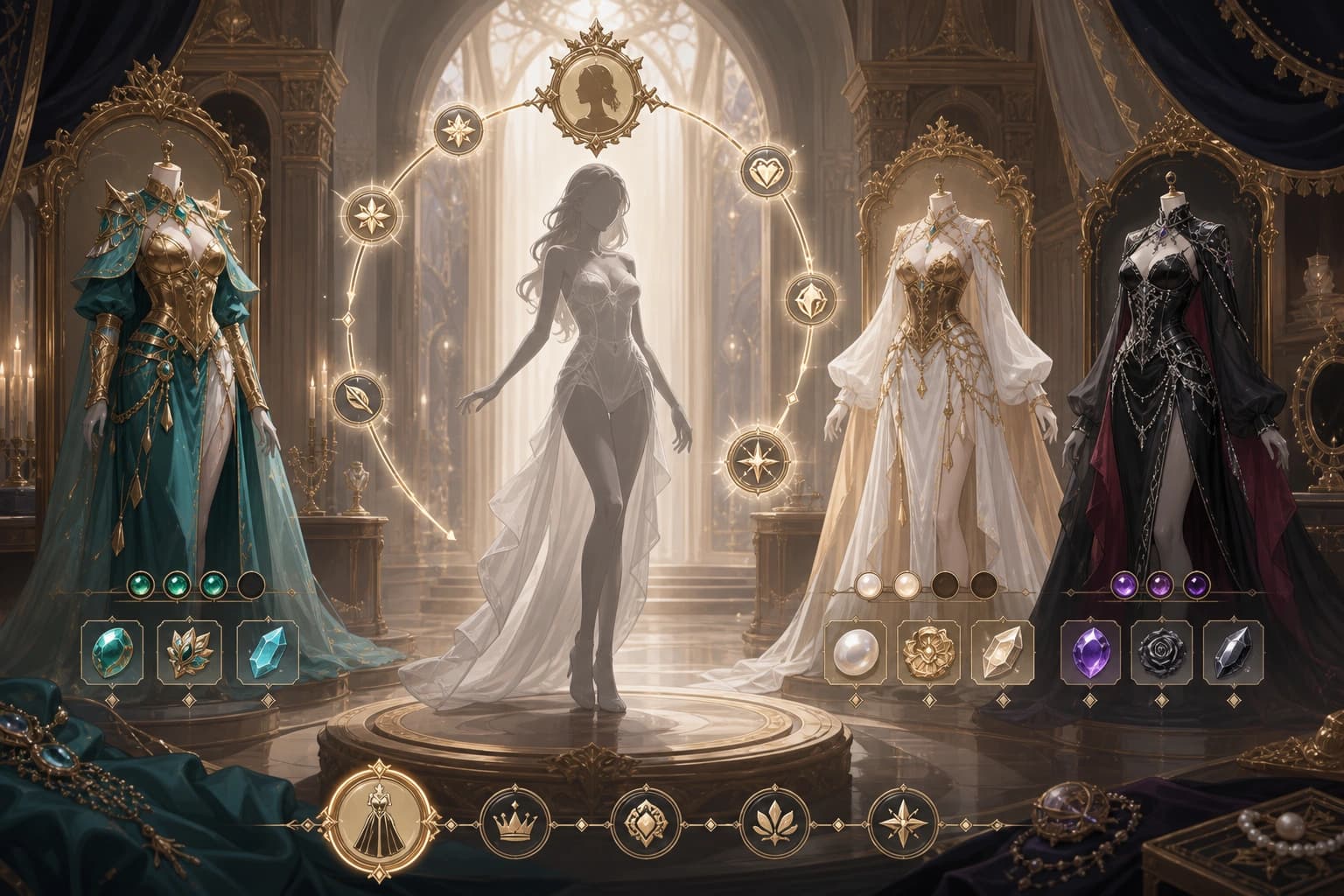 Royal outfit collection and character progression screen