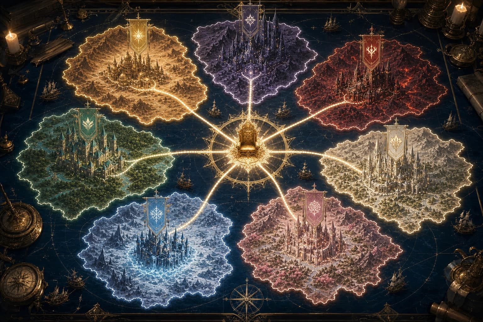 A strategy map of seven kingdoms surrounding Auremar's central throne
